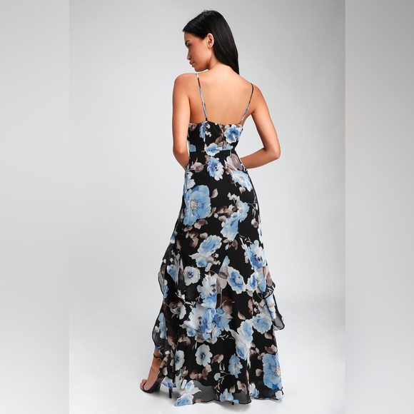 Lulus Artwin Black Floral Print Ruffled High-Low Maxi Dress size Medium - Picture 2 of 6
